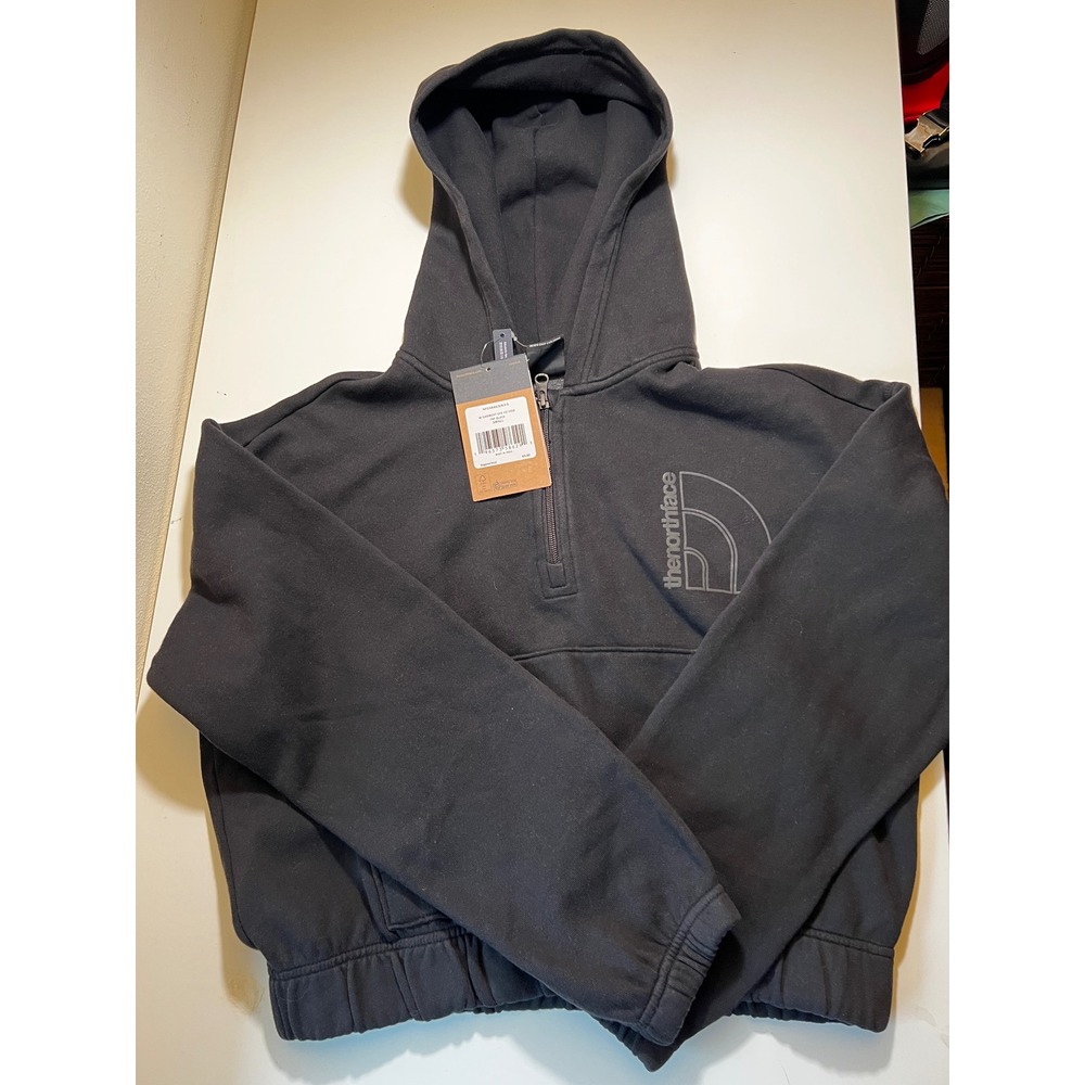 The North Face Womens S Black Half-Zip Hoodie Sweatshirt Cropped Never Stop Expl